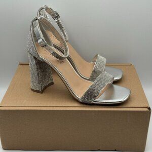 Journee Womens Idda Rhinestone Silver Textile High Block Heel Sandals Size 9